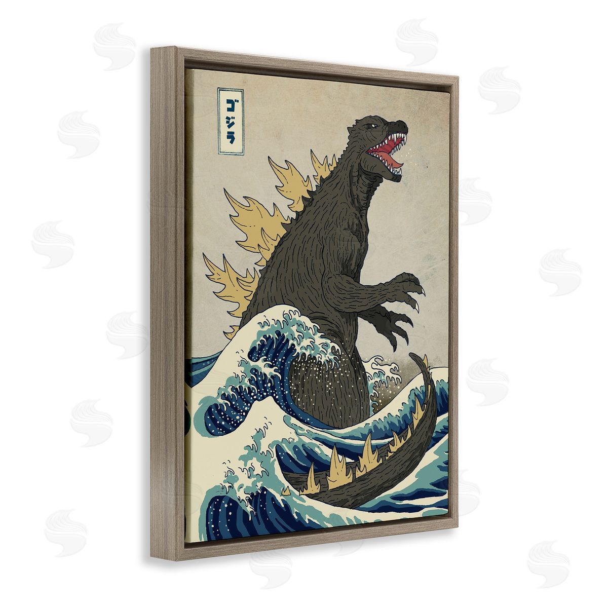 Nautical Godzilla Eastern Style Illustration Brown Floating Frame Canvas Wall Art, Home Decor by Michael Buxton