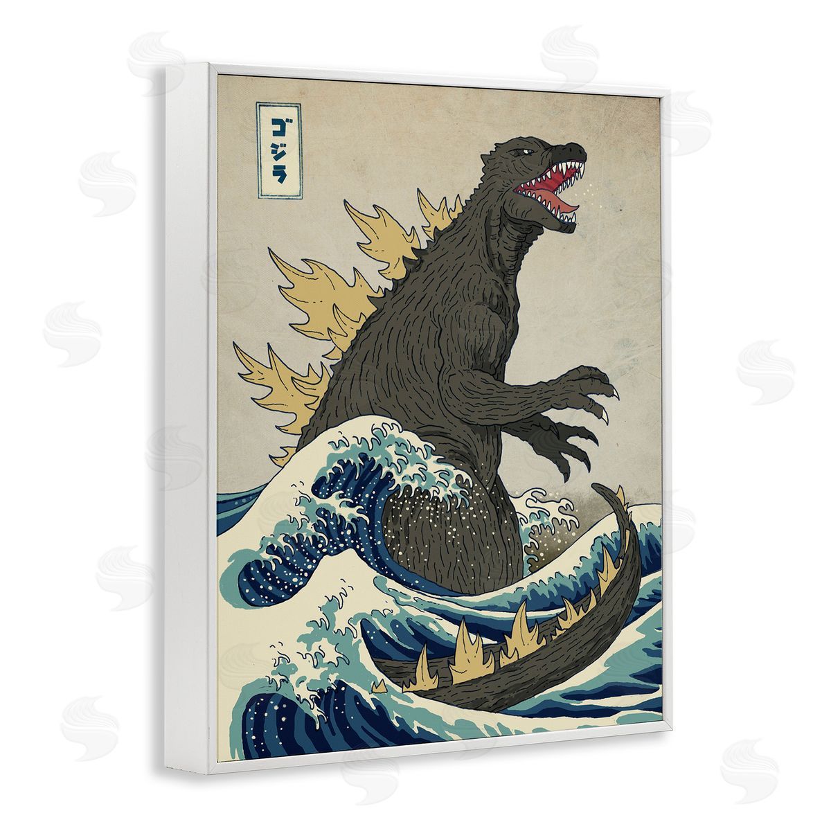 Nautical Godzilla Eastern Style Illustration White Frame Print Wall Art, Home Decor by Michael Buxton