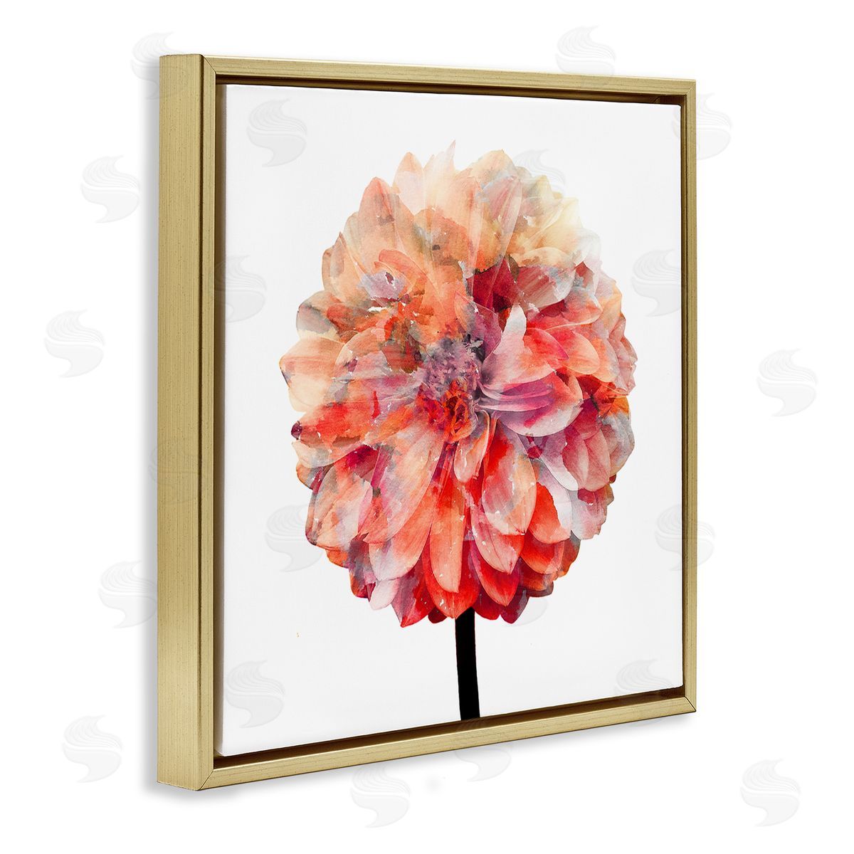 Bright Coral Watercolor Bloom Gold Floating Frame Canvas Wall Art, Home Decor by Kimberly Allen