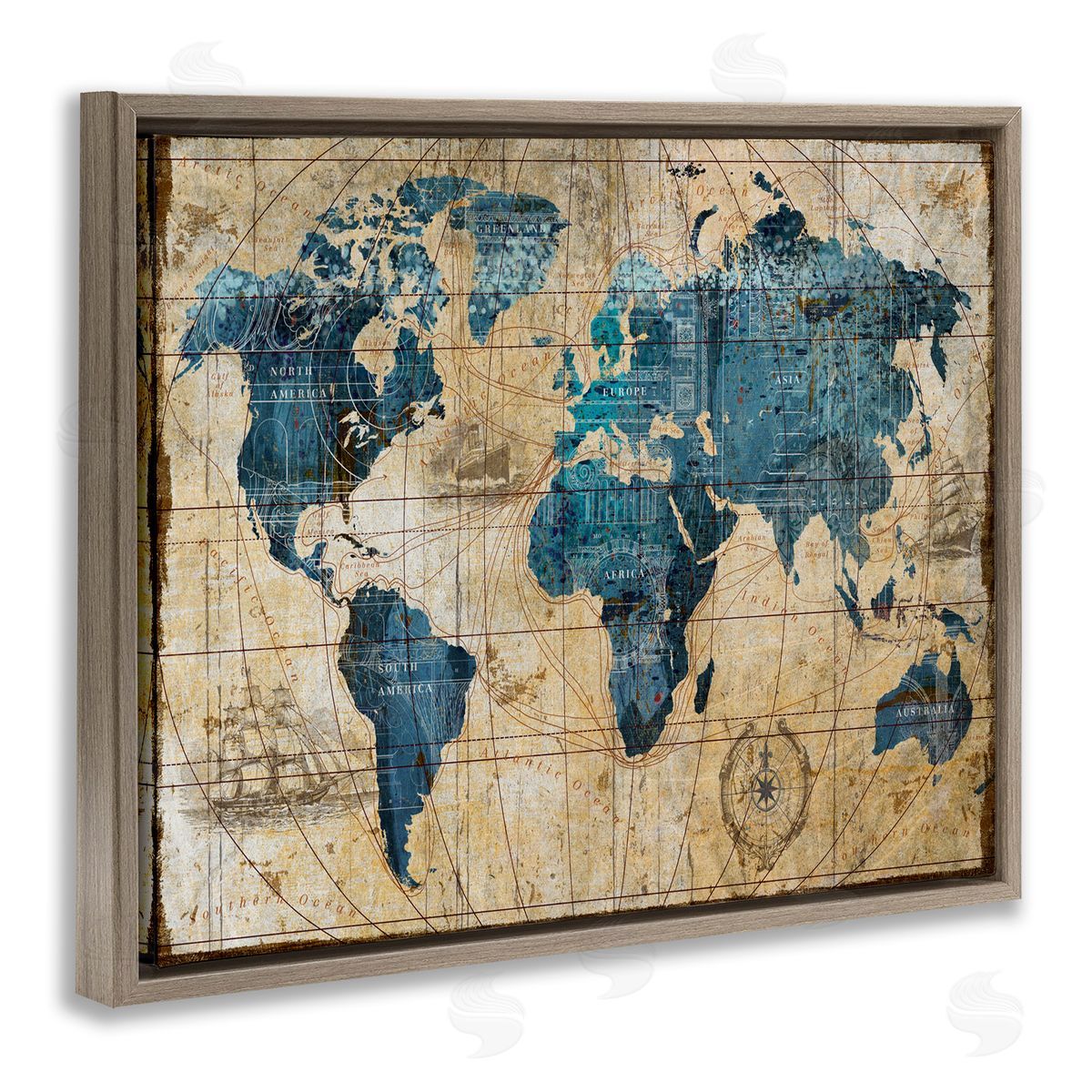 Vintage Abstract World Map Design Brown Floating Frame Canvas Wall Art, Home Decor by Art Licensing Studio