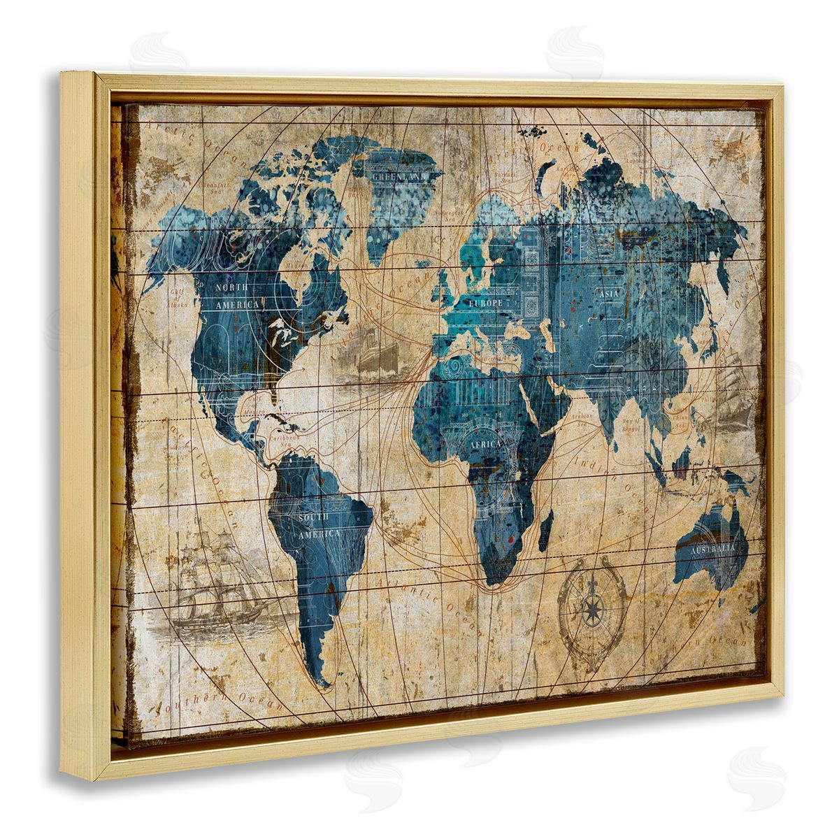 Vintage Abstract World Map Design Gold Floating Frame Canvas Wall Art, Home Decor by Art Licensing Studio