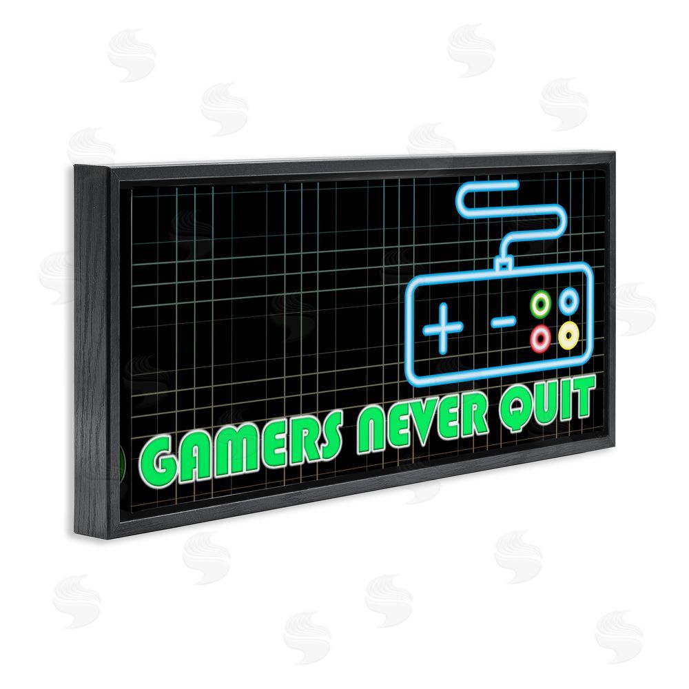 Kim Allen Gamers Never Quit Neon Black Floating Frame Canvas Wall Art