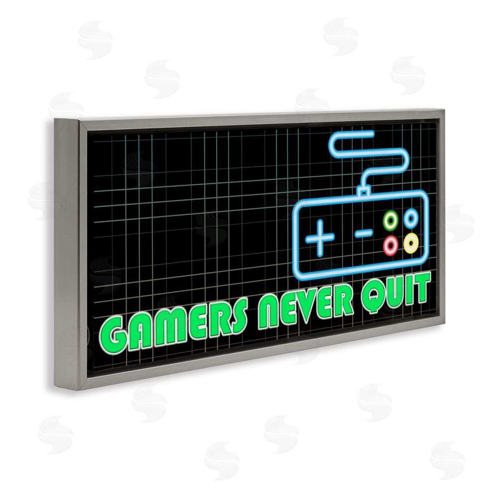 Kim Allen Gamers Never Quit Neon Gray Floating Frame Canvas Wall Art