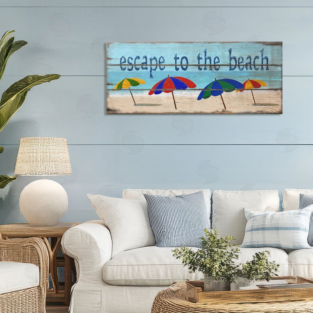 Gail Fraser Beach Escape Umbrellas Stretched Canvas Wall Art in Room