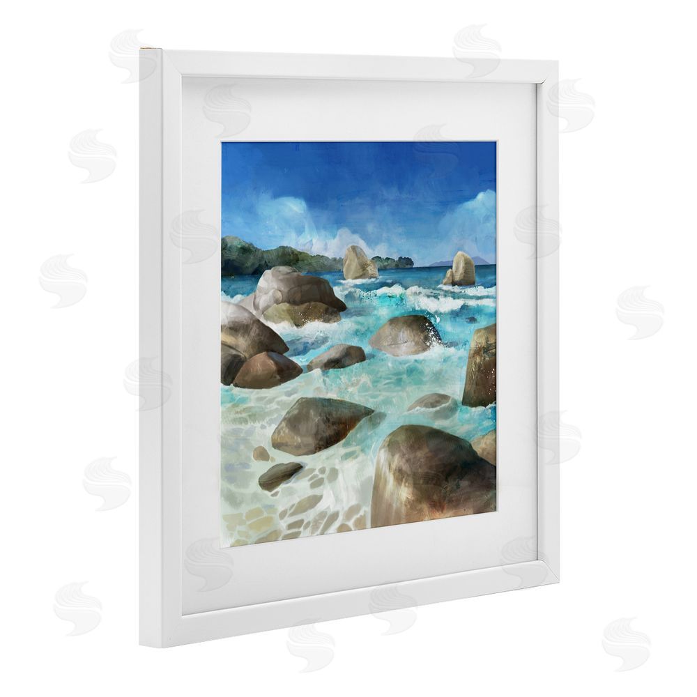 Mauro Devereaux Low Tide Rocks on Shore White Framed Print Under Glass with Mat Wall Art