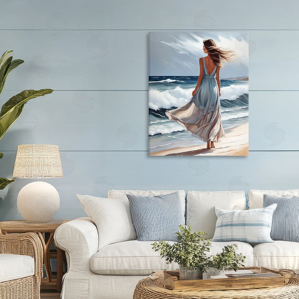 Tabz Jones Walk In The Waves Stretched Canvas Wall Art Print in Room