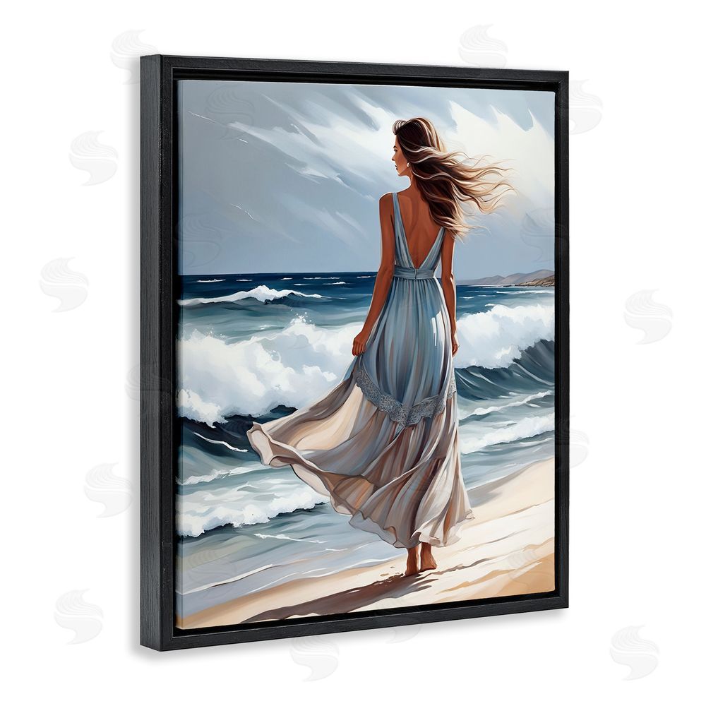 Tabz Jones Walk In The Waves Black Floating Frame Canvas Wall Art Print