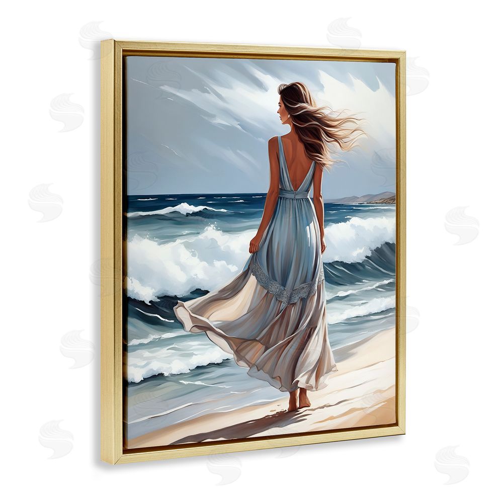 Tabz Jones Walk In The Waves Gold Floating Frame Canvas Wall Art Print
