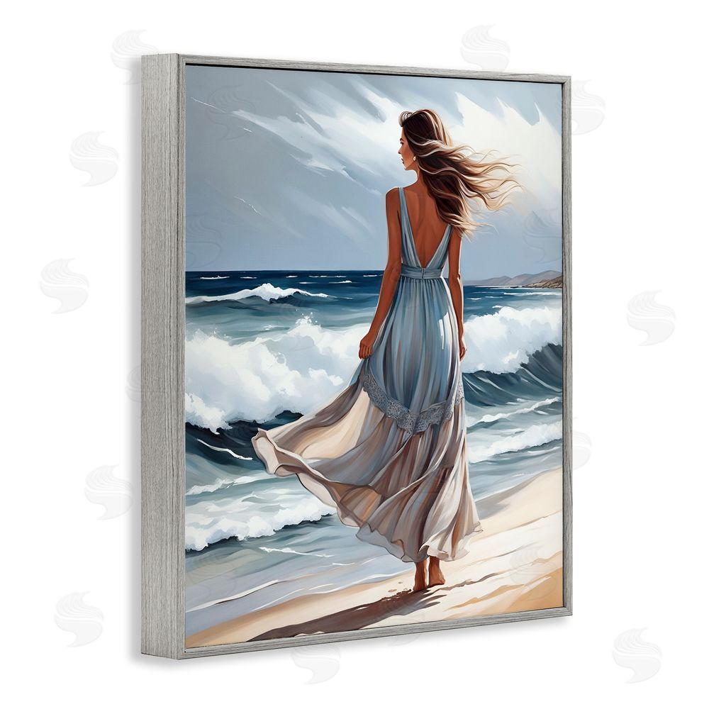 Tabz Jones Walk In The Waves Gray Framed Giclee Wall Art Print
