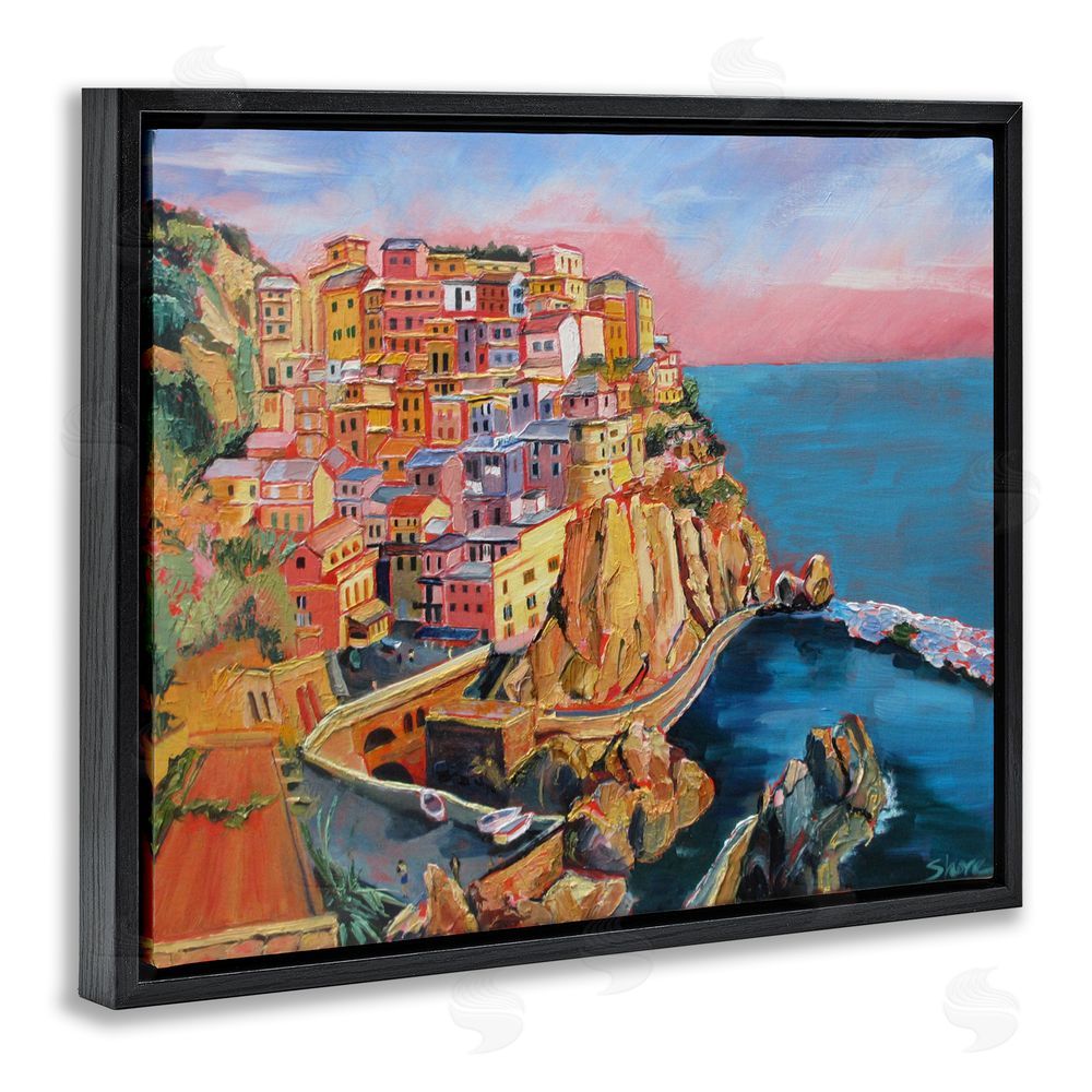Maxine Shore Cinque Terre Seascape Architecture Black Floating Frame Canvas Wall Art Print