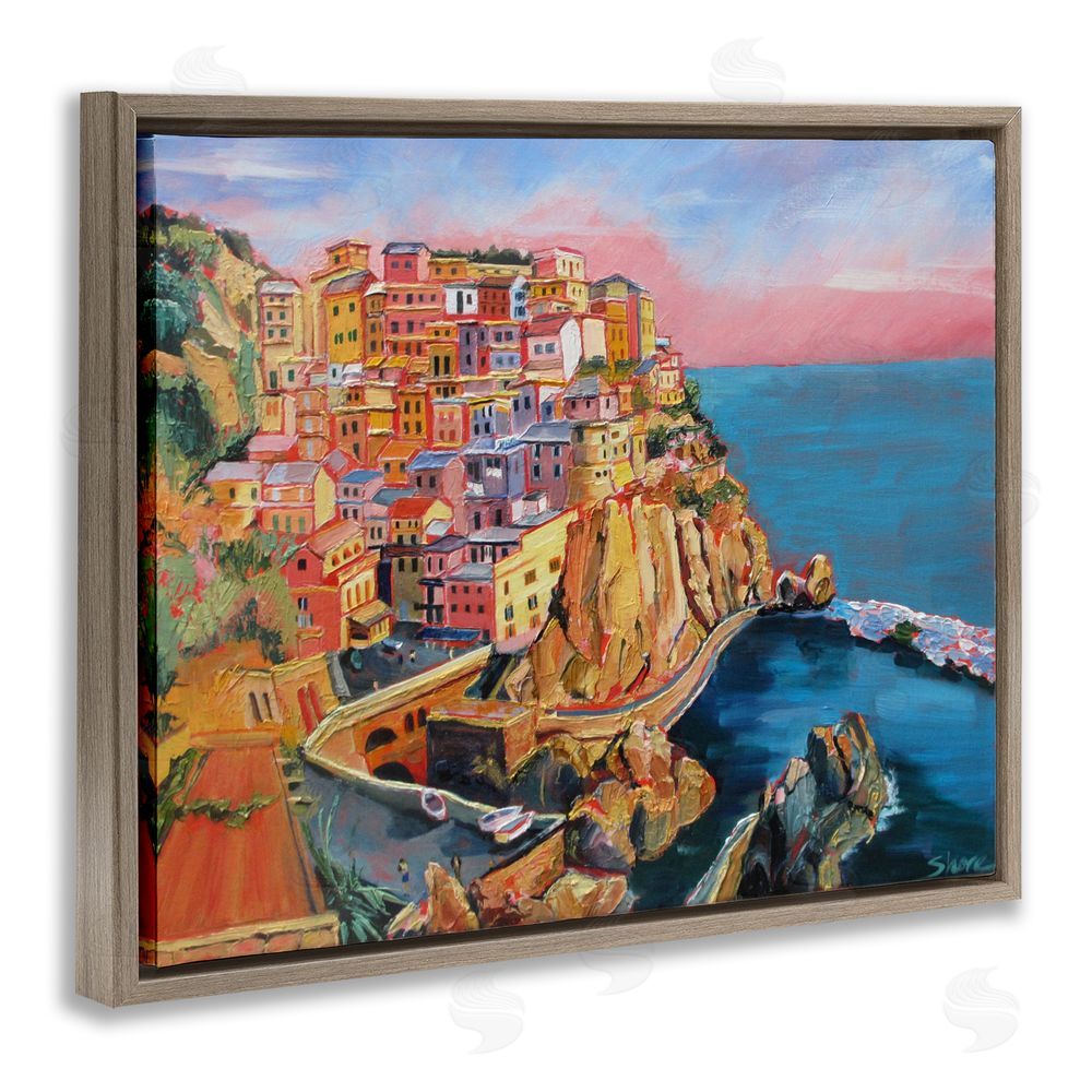Maxine Shore Cinque Terre Seascape Architecture Brown Floating Frame Canvas Wall Art Print