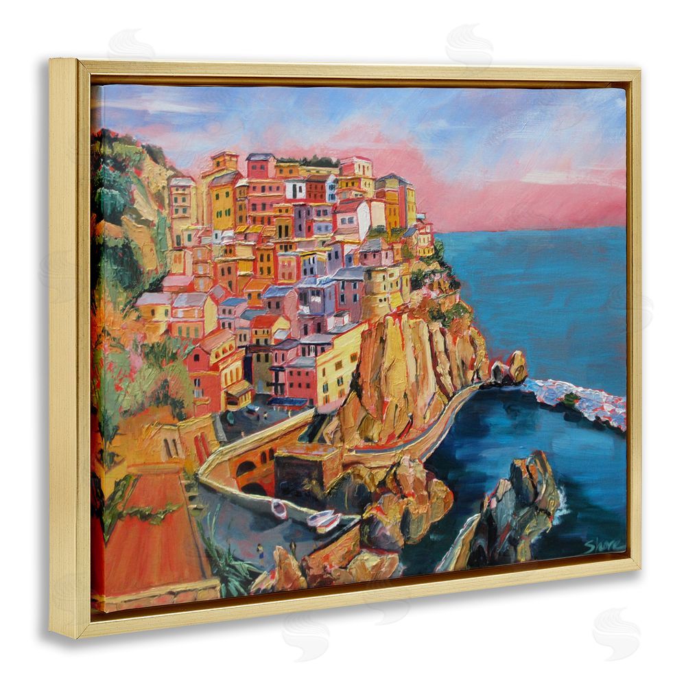Maxine Shore Cinque Terre Seascape Architecture Gold Floating Frame Canvas Wall Art Print