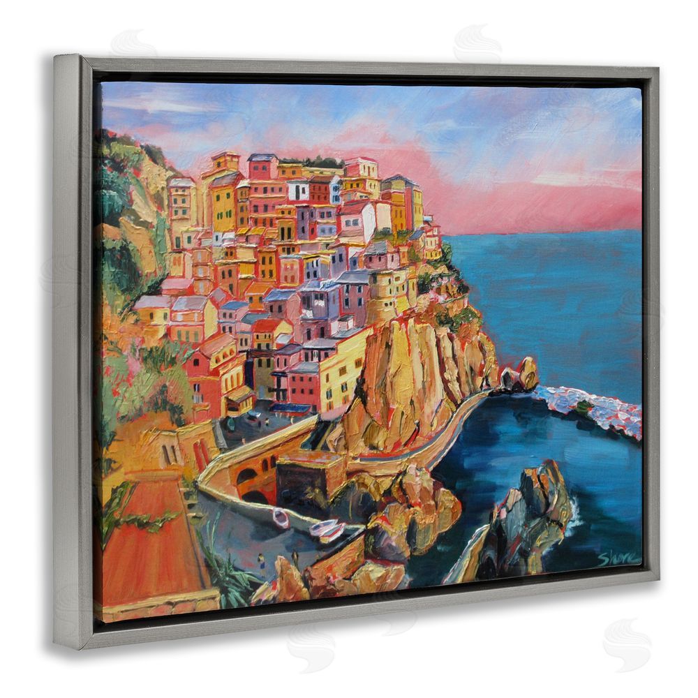 Maxine Shore Cinque Terre Seascape Architecture Gray Floating Frame Canvas Wall Art Print