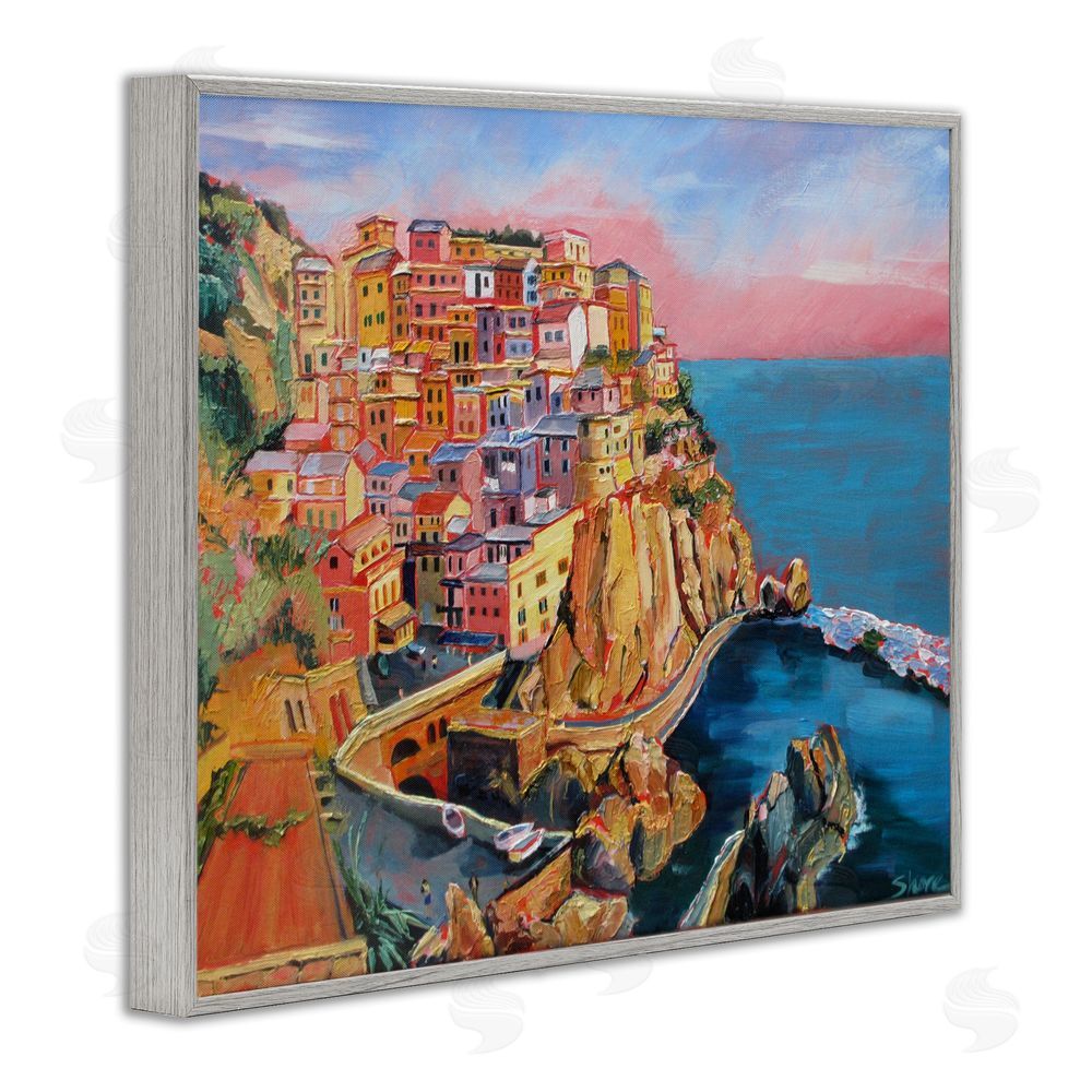 Maxine Shore Cinque Terre Seascape Architecture Gray Framed Giclee Wall Art Print