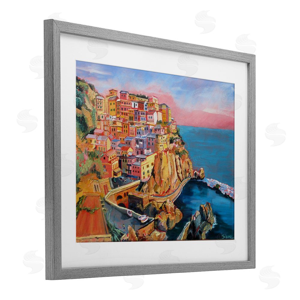 Maxine Shore Cinque Terre Seascape Architecture Gray Framed Print Under Glass Wall Art