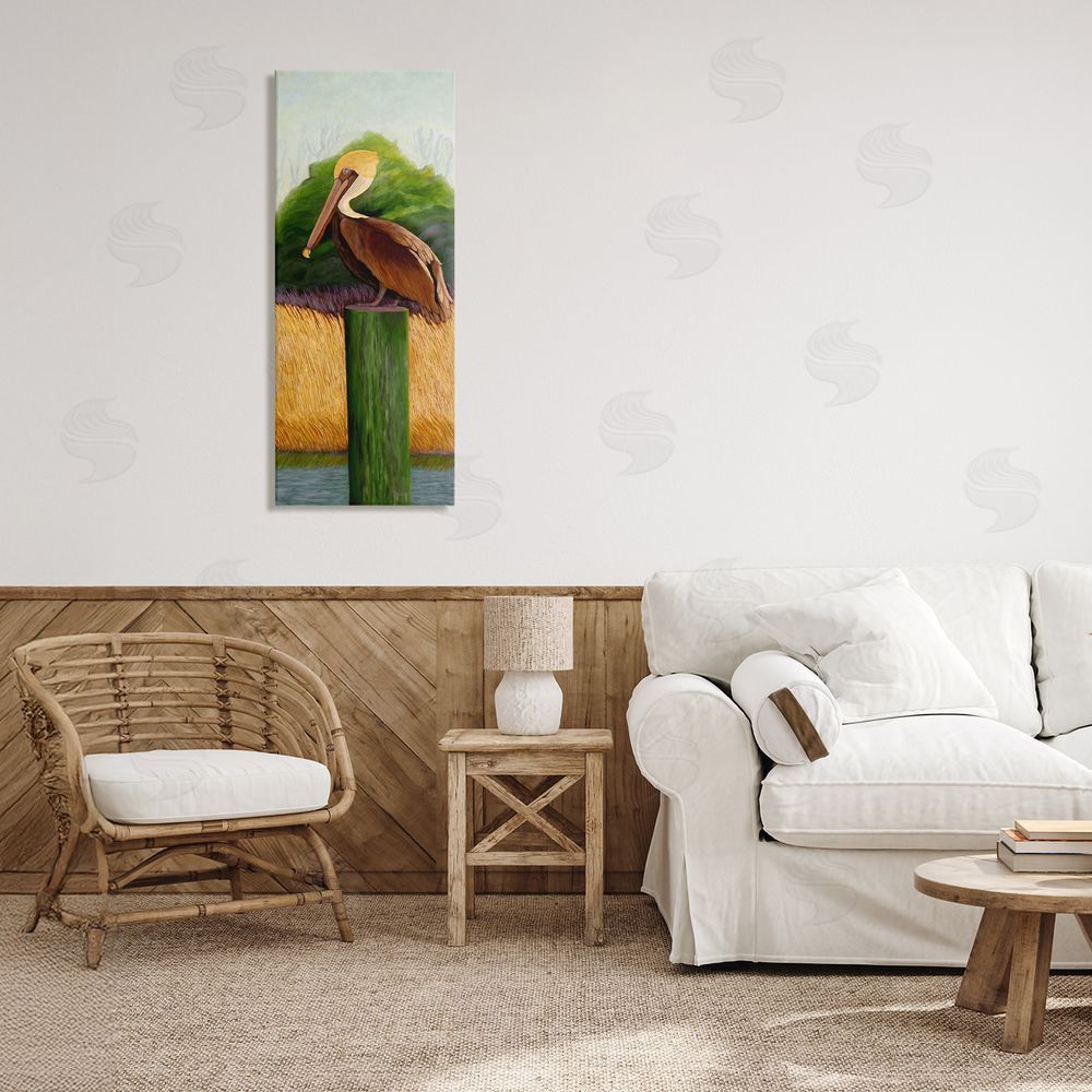 Barbara Fallenbaum Perched Blue Eyed Pelican Stretched Canvas Wall Art Print in Room