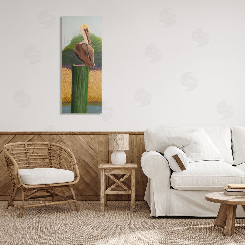 Barbara Fallenbaum Pelican with Blue Eyes Stretched Canvas Wall Art Print in Room