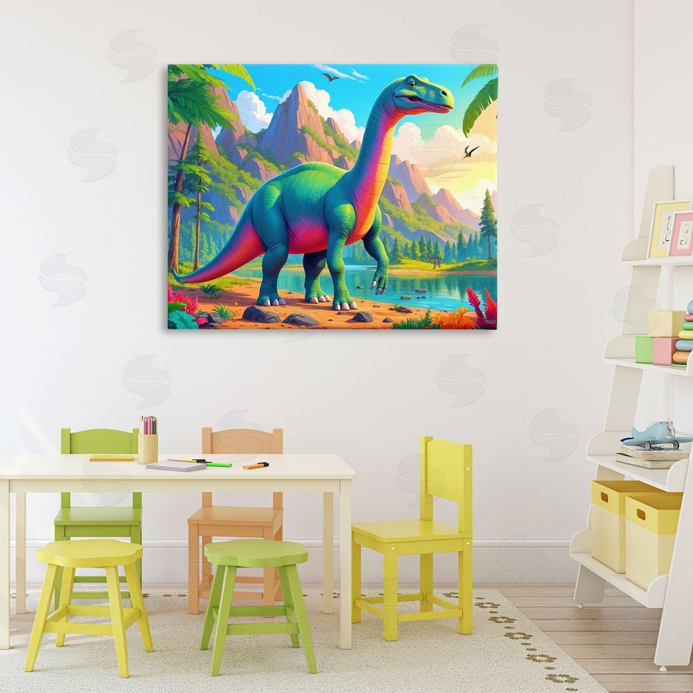 Tabz Jones Vibrant Brontosaurus by River Stretched Canvas Wall Art Print in Room