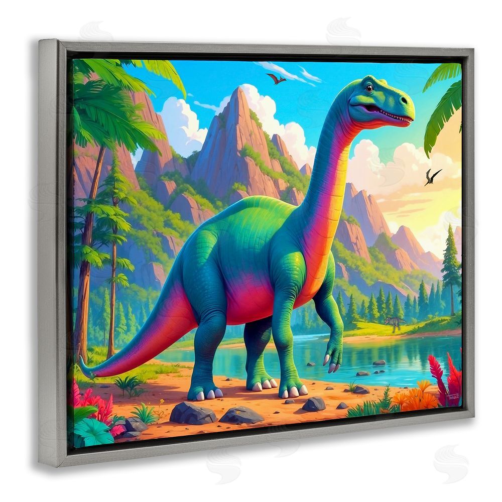 Tabz Jones Vibrant Brontosaurus by River Gray Floating Frame Canvas Wall Art Print