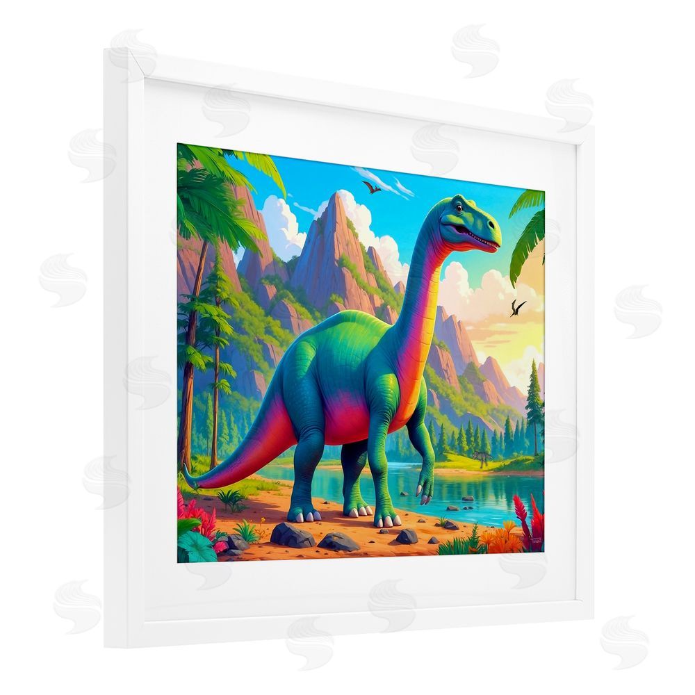 Tabz Jones Vibrant Brontosaurus by River White Framed Print Under Glass Wall Art