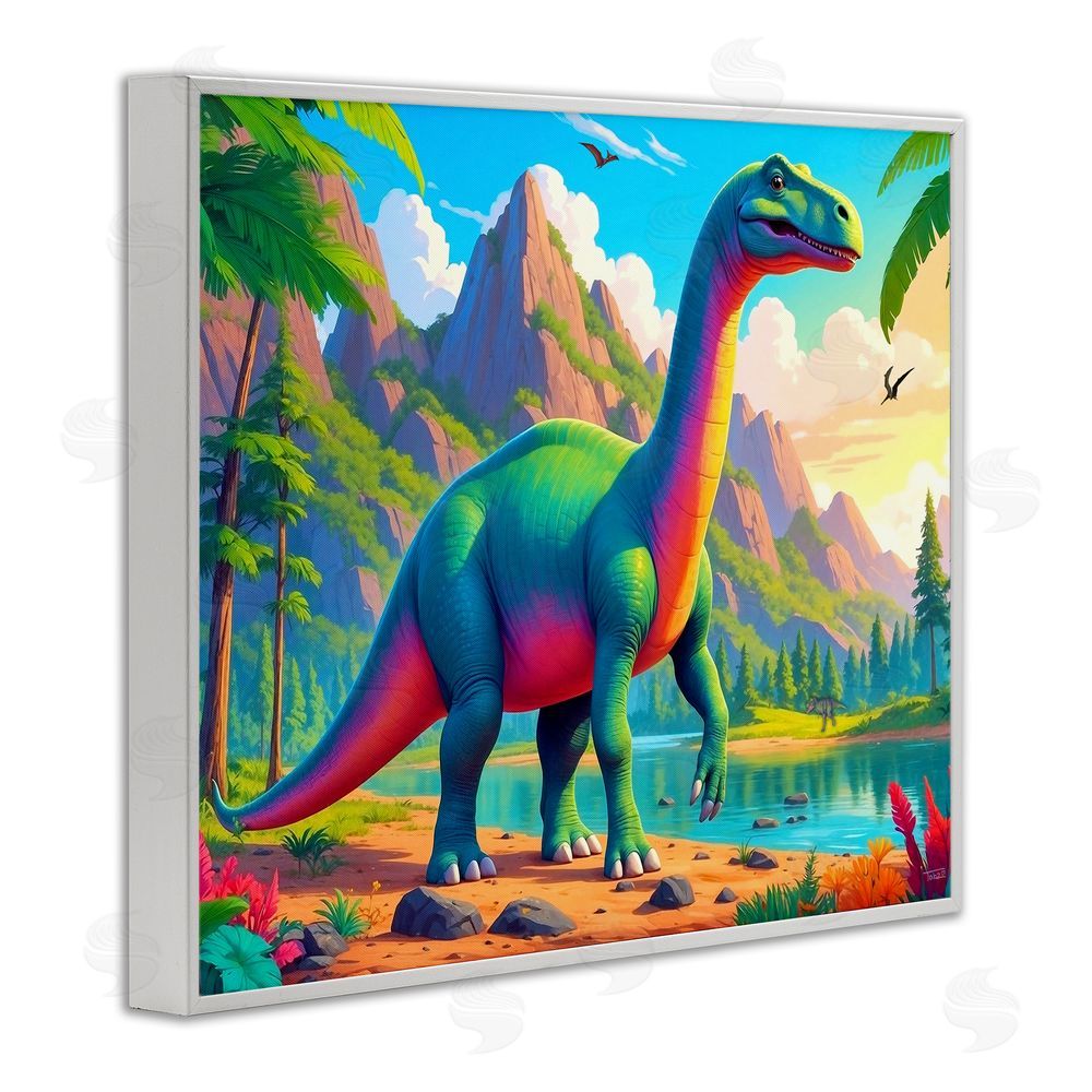 Tabz Jones Vibrant Brontosaurus by River White Framed Giclee Wall Art Print