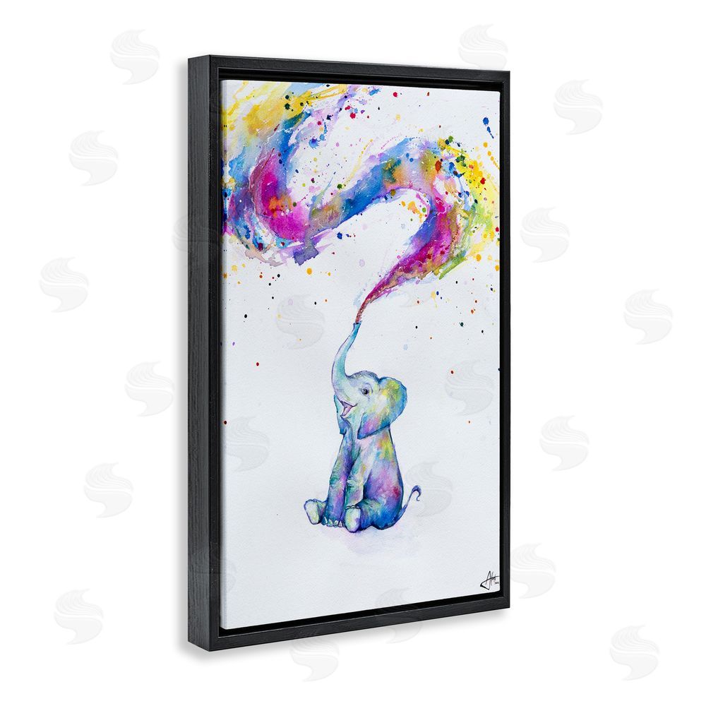 Marc Allante Spring Elephant & Paint Splatter Black Floating Frame Canvas Wall Art Print