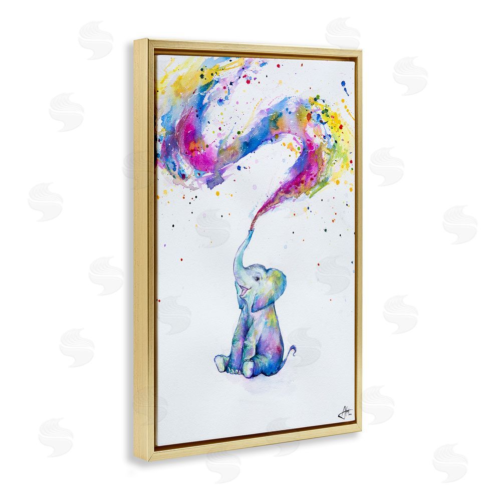 Marc Allante Spring Elephant & Paint Splatter Gold Floating Frame Canvas Wall Art Print