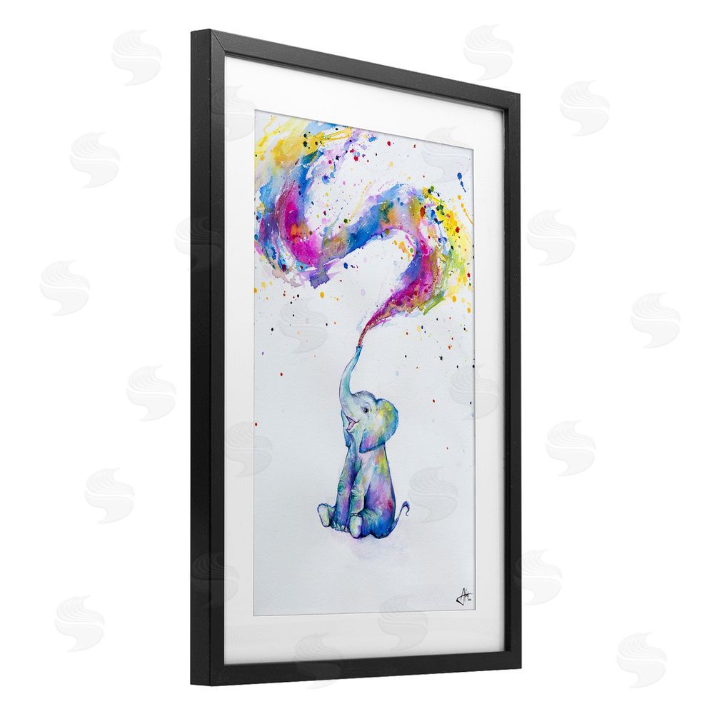 Marc Allante Spring Elephant & Paint Splatter Black Framed Print Under Glass Wall Art