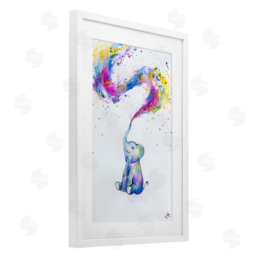 Marc Allante Spring Elephant & Paint Splatter White Framed Print Under Glass Wall Art