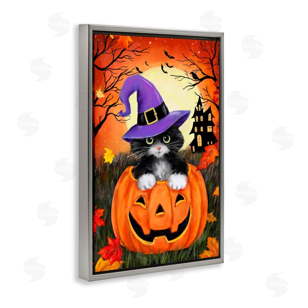 Jean Francois Cat Peeking from Jack-o-Lantern Gray Floating Frame Canvas Art Print