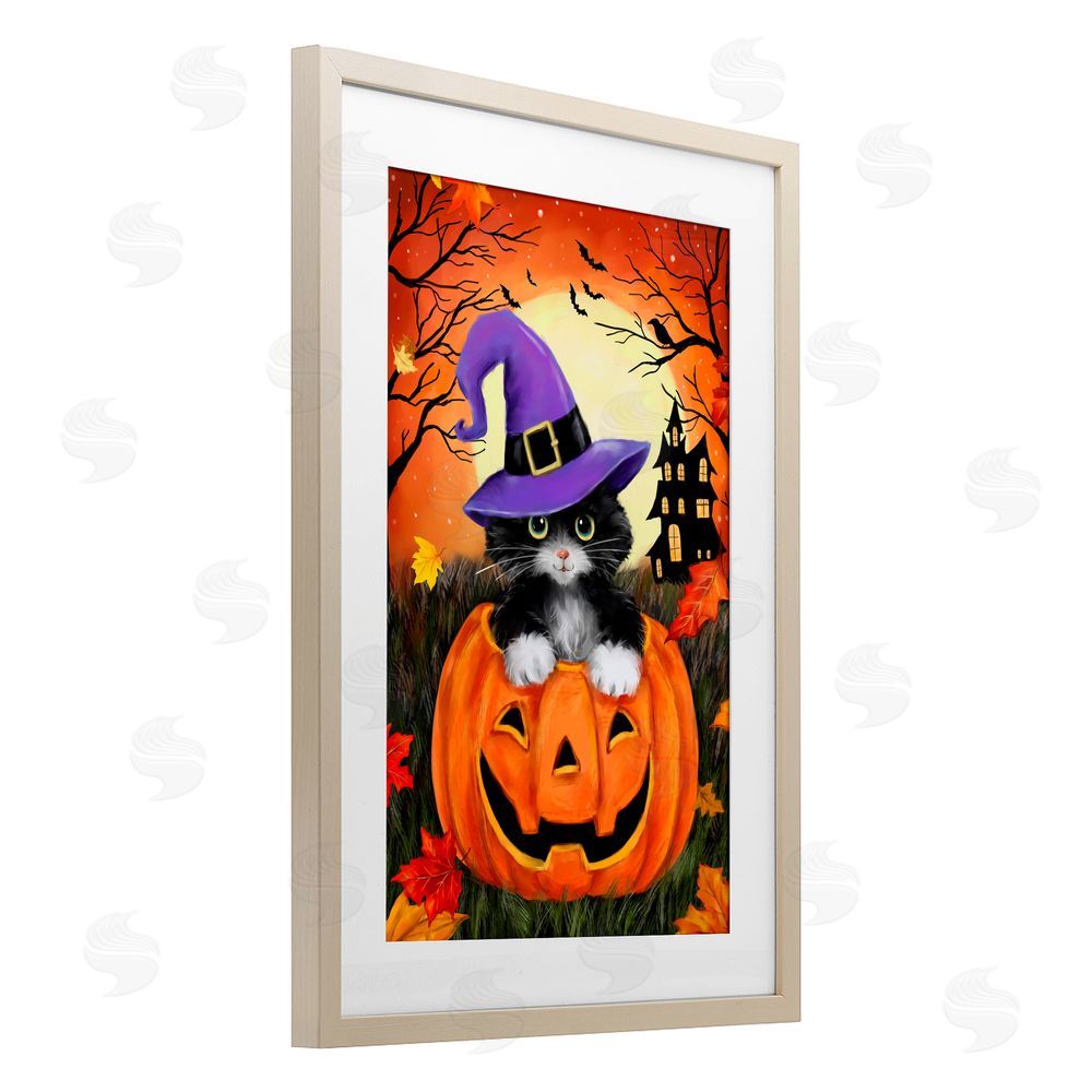 Jean Francois Cat Peeking from Jack-o-Lantern Birch Framed Print Under Glass Art
