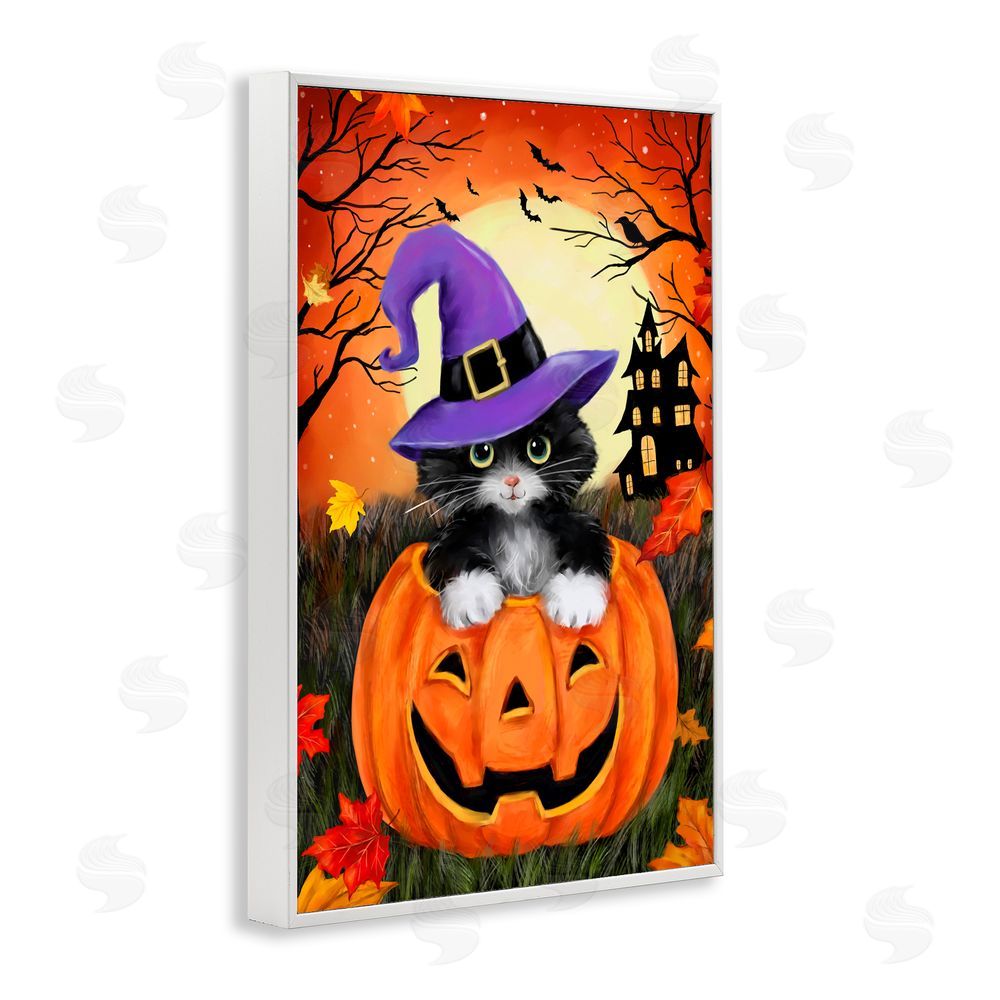 Jean Francois Cat Peeking from Jack-o-Lantern White Frame Giclee Art Print