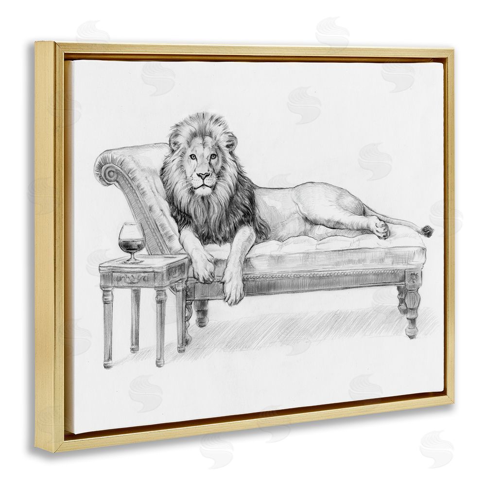 Victoria Barnes Lounging Beast Lion Gold Floating Frame Canvas Wall Art
