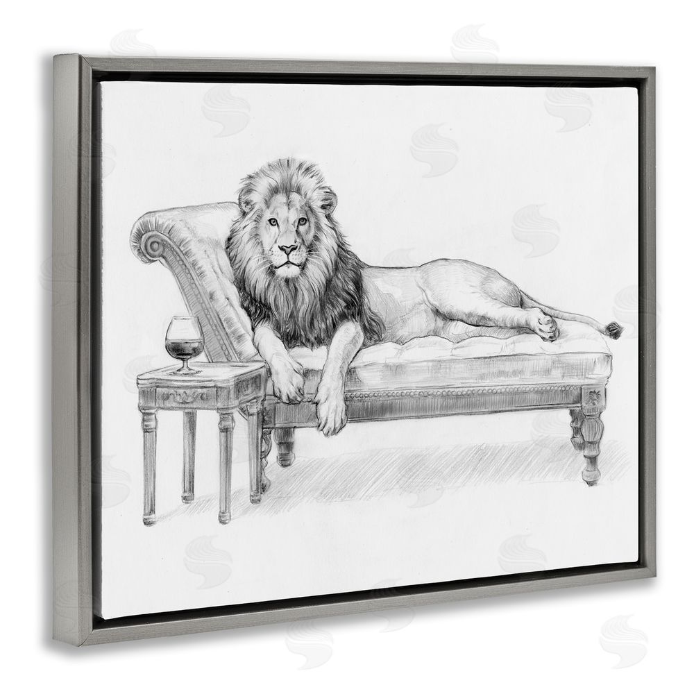 Victoria Barnes Lounging Beast Lion Gray Floating Frame Canvas Wall Art