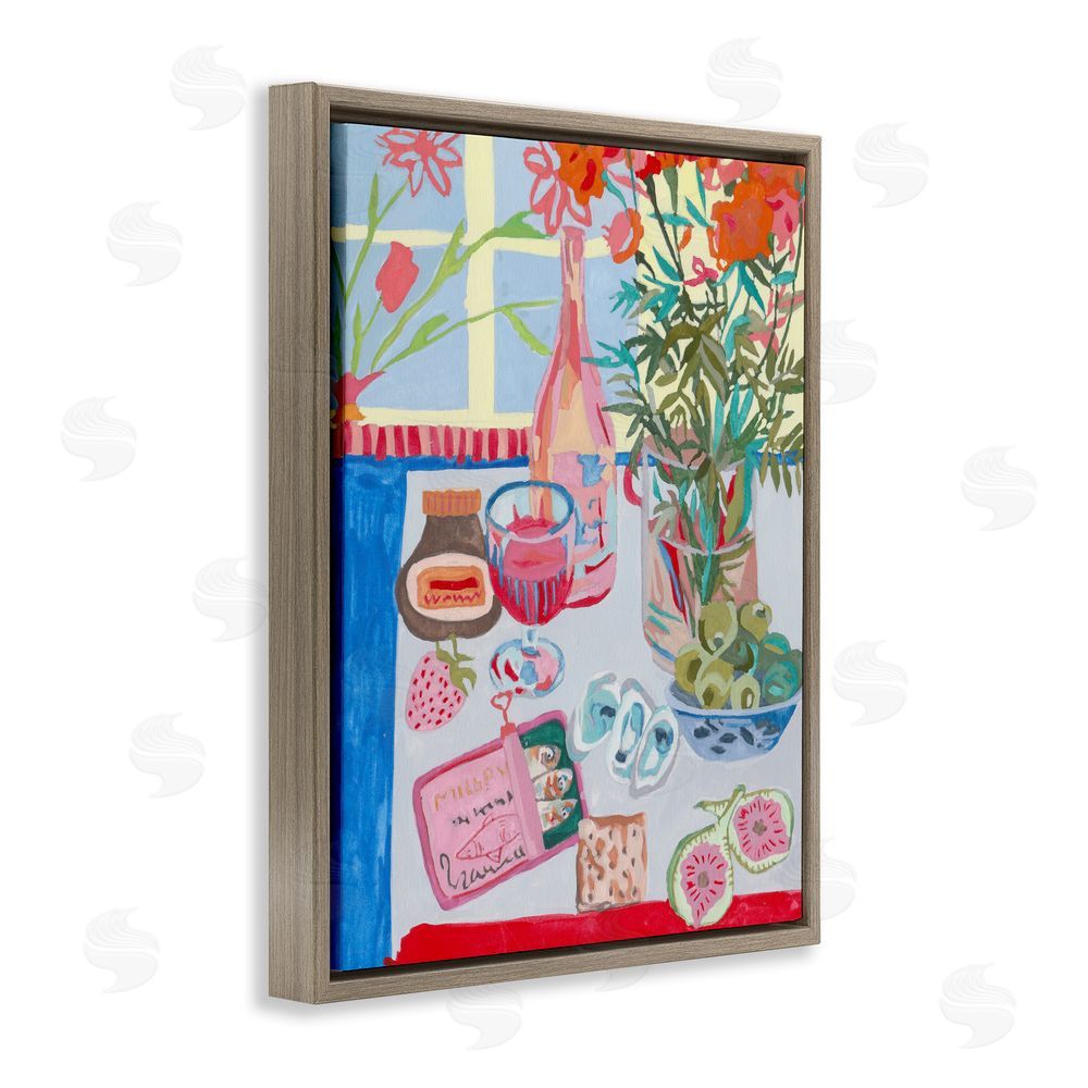 Melissa Wang Red & Blue Table Setting Brown Floating Frame Canvas Wall Art Print