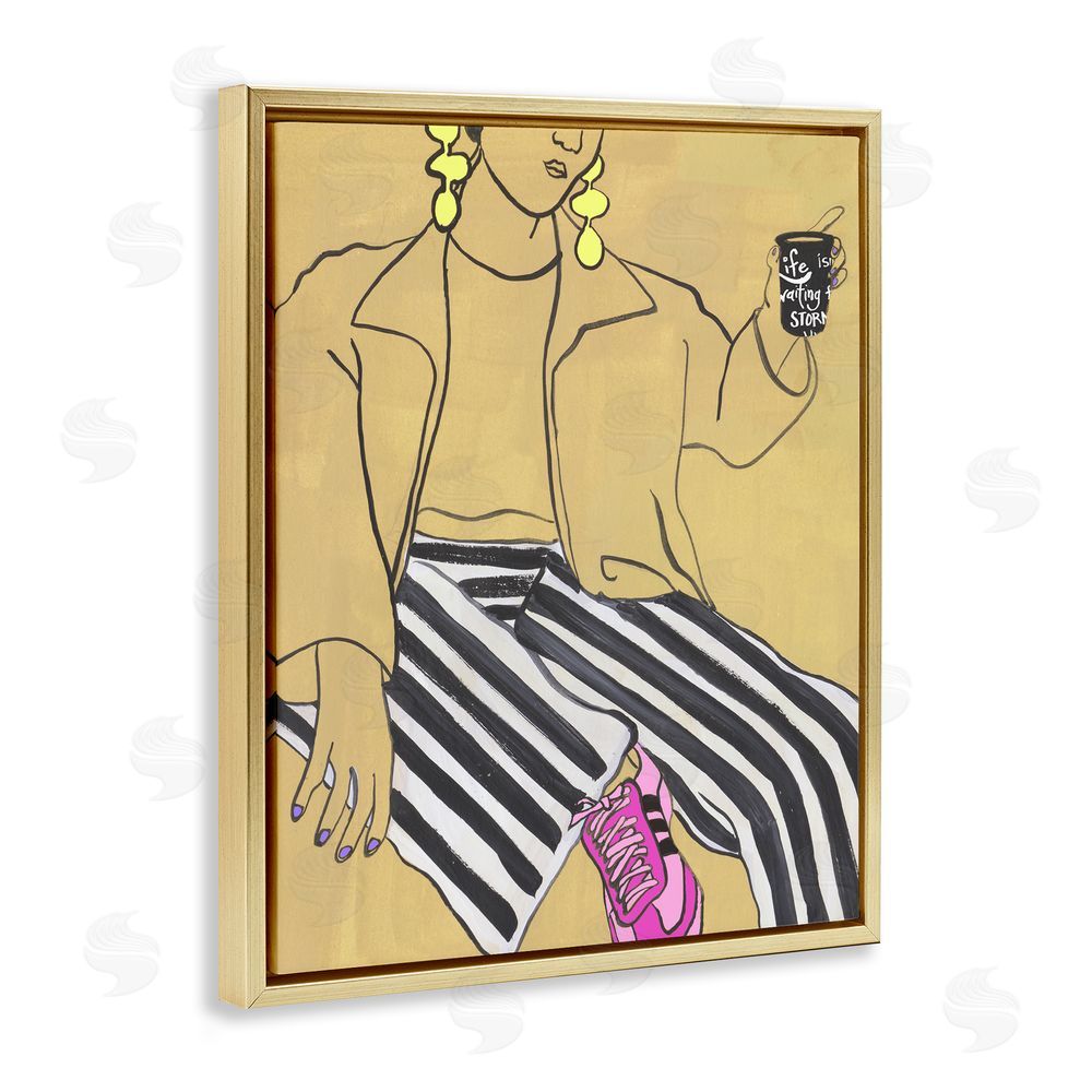 Melissa Wang Fashion Girl in Stripes Gold Floating Frame Canvas Wall Art