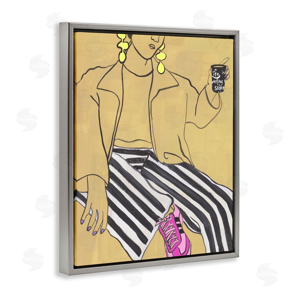Melissa Wang Fashion Girl in Stripes Gray Floating Frame Canvas Wall Art