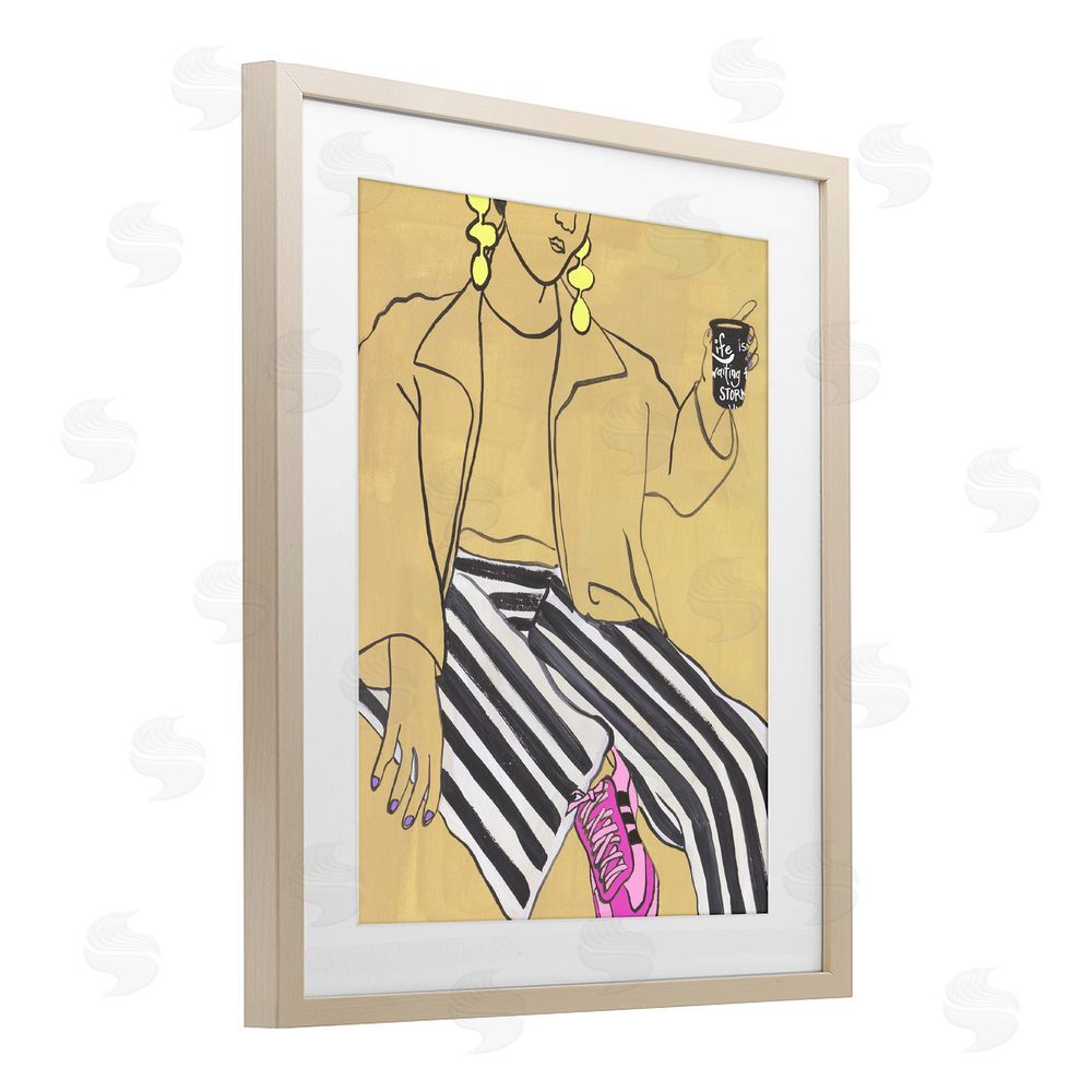 Melissa Wang Fashion Girl in Stripes Brown Framed Print Under Glass with Mat Wall Art