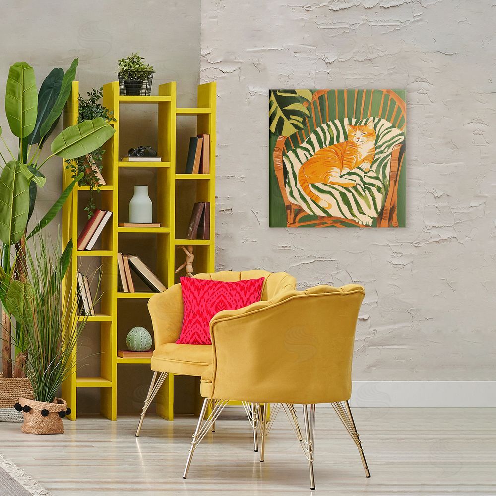 Walker Noble Orange Cat in Rattan Chair Stretched Canvas Wall Art Print in Room