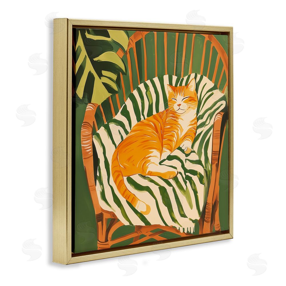 Walker Noble Orange Cat in Rattan Chair Gold Floating Frame Canvas Wall Art Print