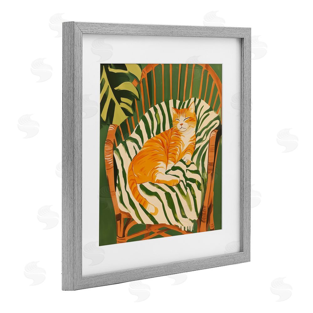 Walker Noble Orange Cat in Rattan Chair Gray Framed Print Under Glass Wall Art