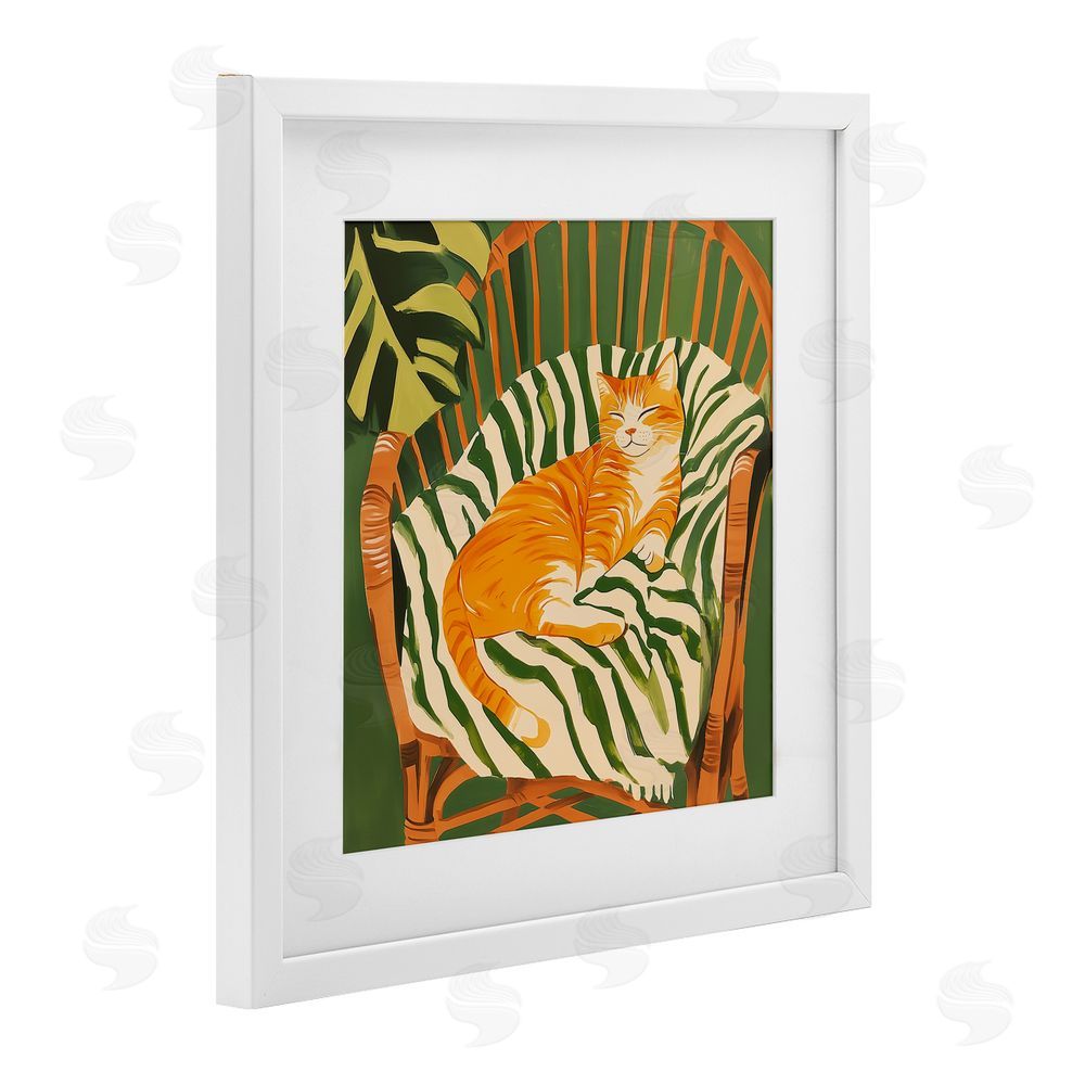 Walker Noble Orange Cat in Rattan Chair White Framed Print Under Glass Wall Art