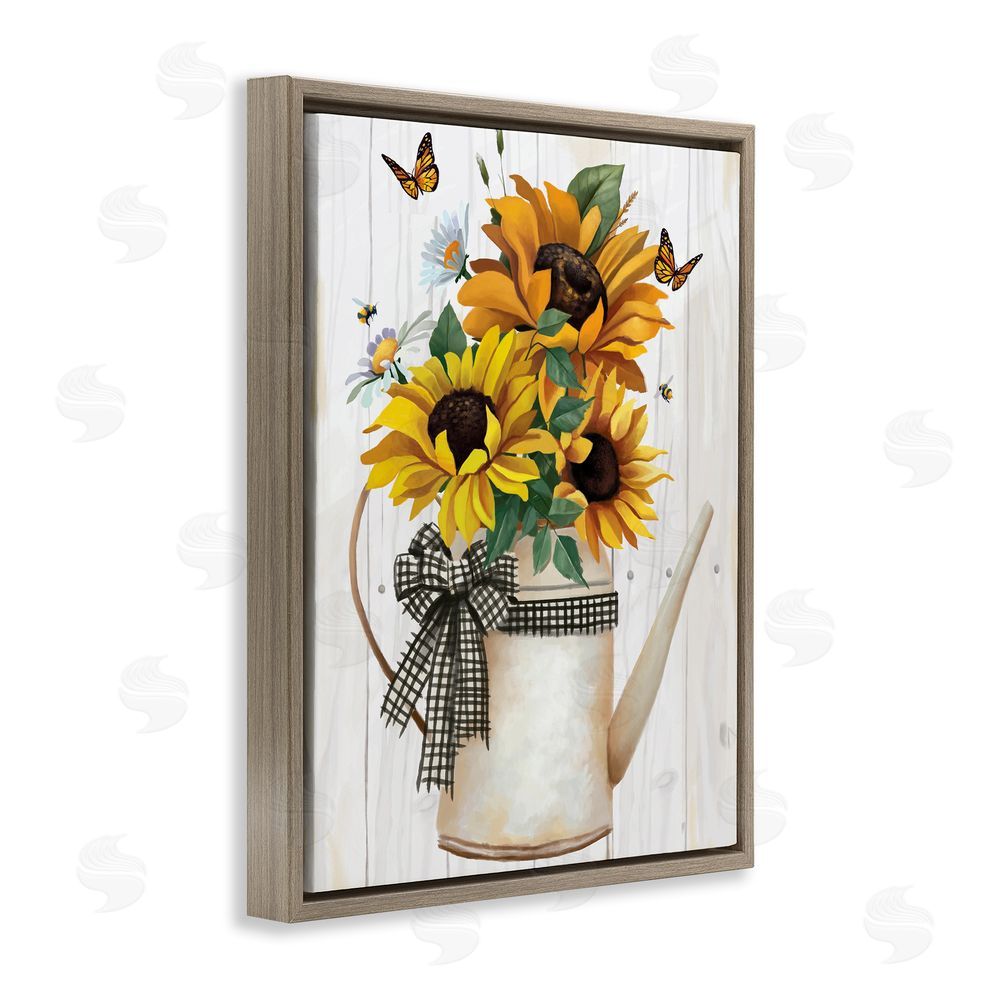 Sundance Graphics Sunflower Trio in Watering Can Brown Floating Frame Canvas Wall Art Print