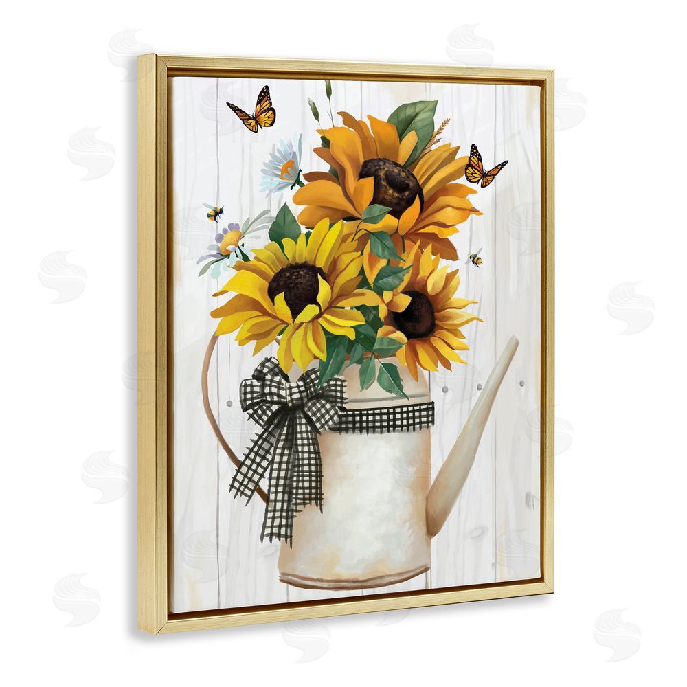 Sundance Graphics Sunflower Trio in Watering Can Gold Floating Frame Canvas Wall Art Print