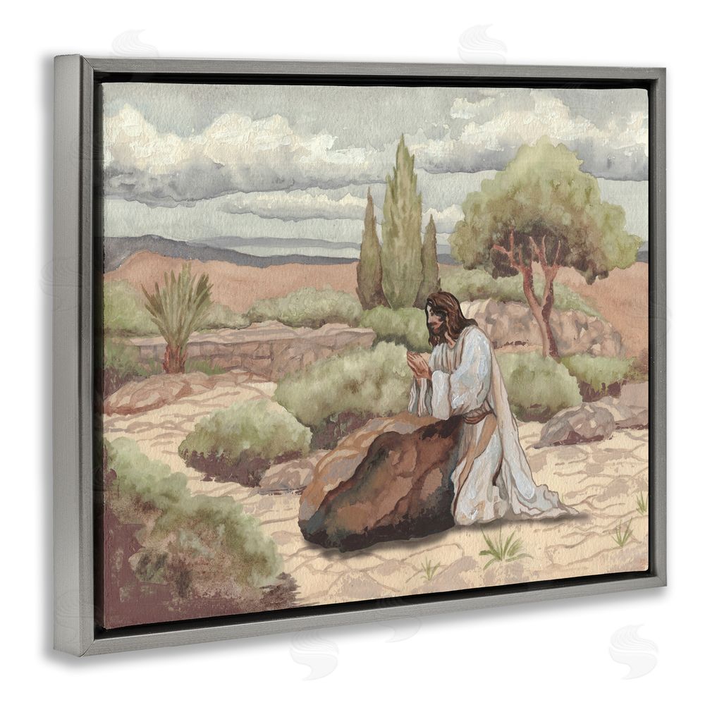 Sundance Graphics Jesus Praying Countryside Gray Floating Frame Canvas Wall Art Print