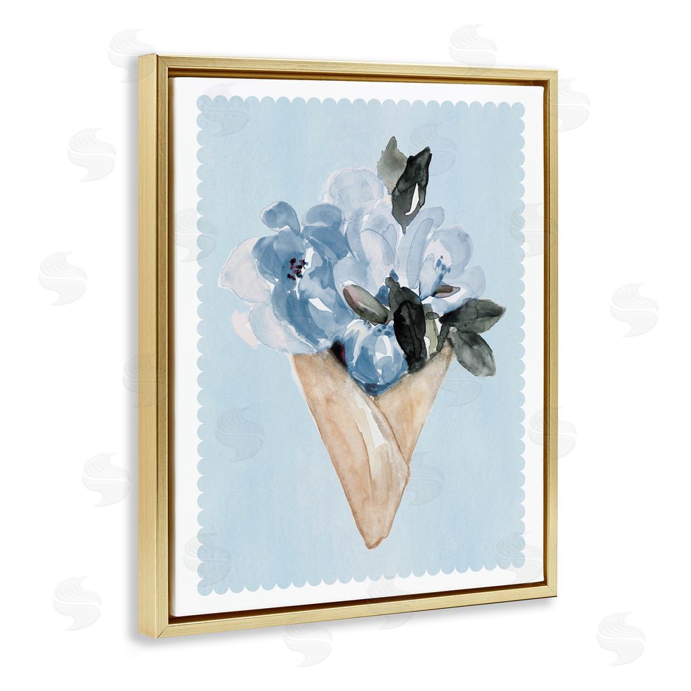 Sundance Graphics Blue Flower Gift Bouquet Gold Floating Frame Canvas Wall Art Print