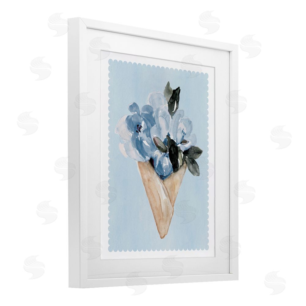 Sundance Graphics Blue Flower Gift Bouquet White Framed Print Under Glass Wall Art