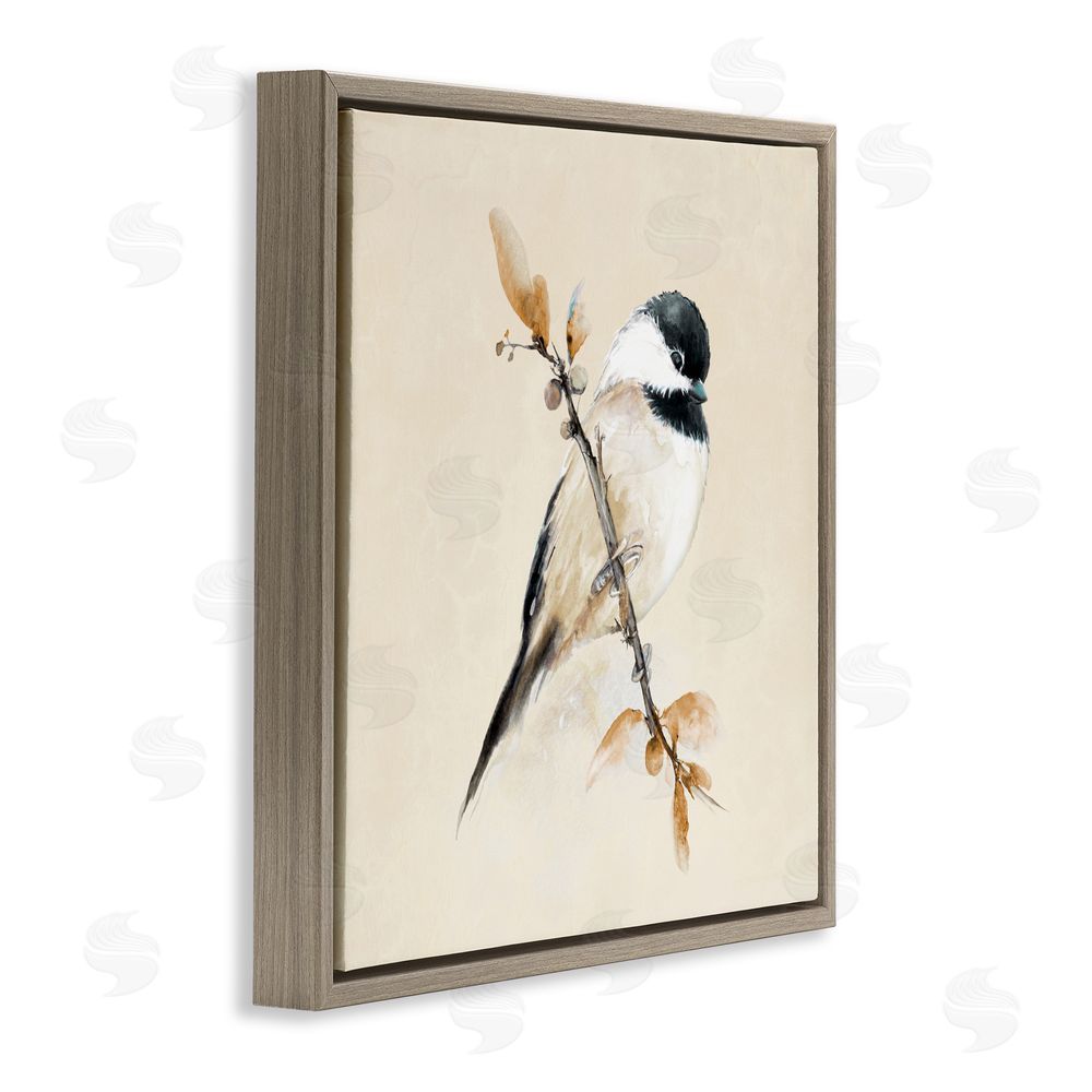 Sundance Graphics Muted Watercolor Chickadee Brown Floating Frame Canvas Wall Art Print