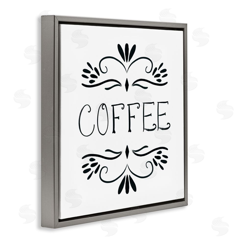 Sundance Graphics Coffee with Floral Emblems Gray Floating Frame Canvas Wall Art Print