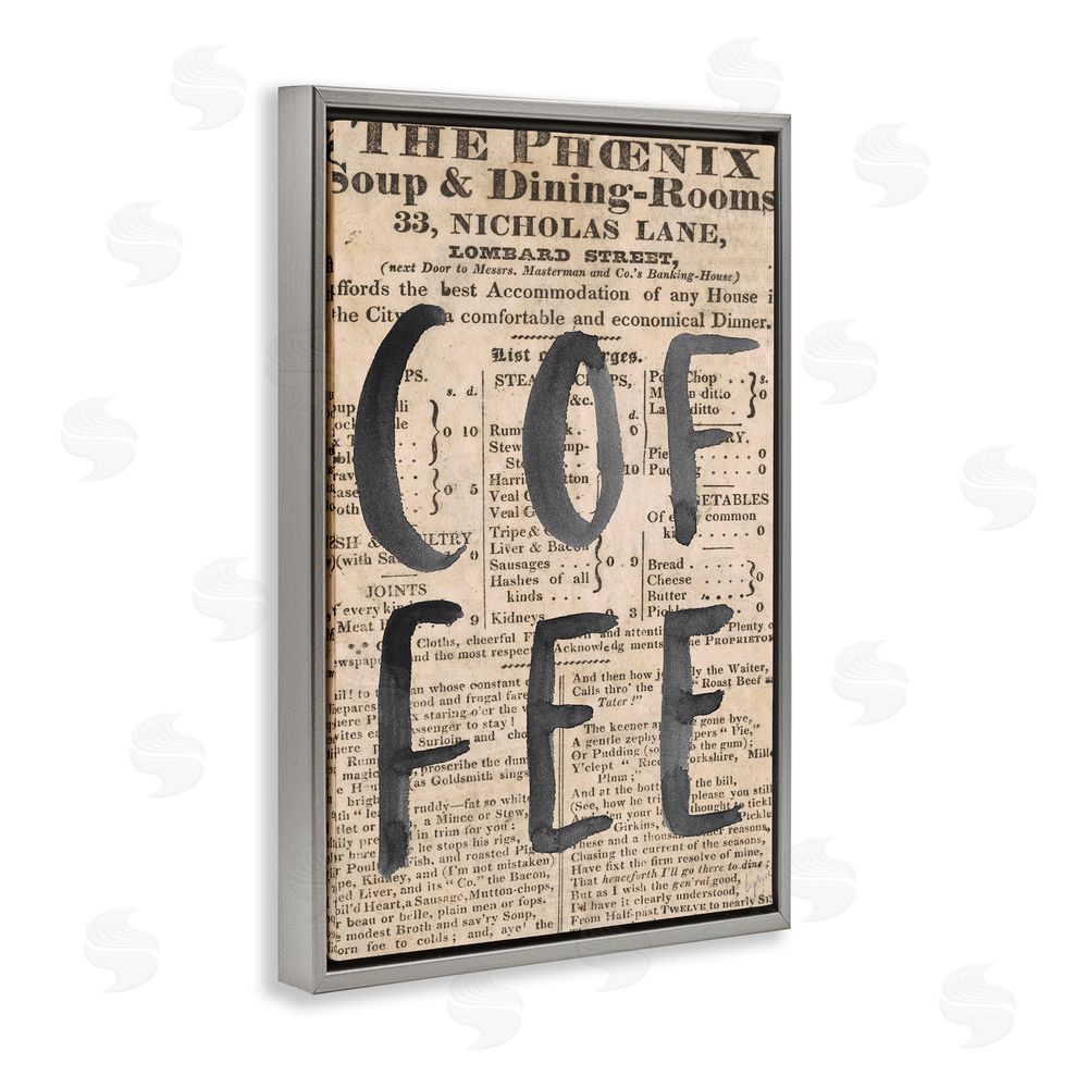 Sundance Graphics Vintage Coffee Newspaper Gray Floating Frame Canvas Wall Art Print